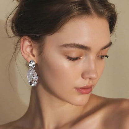 Large Geometric Drop Dangle Earrings for Women Pearl Teardrop Disc Rectangle Oval Fishtail Shell Shaped Textured Dangle Studs Earrings for Women - color: Silver-Oval