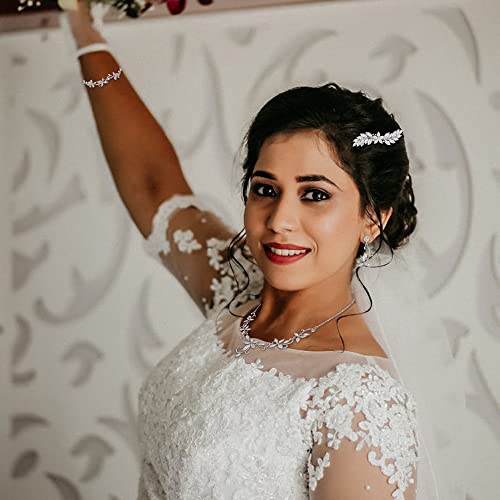 Crysdue Flower Leaf Wedding Jewelry Set for Bridal Bridemaid, Cubic Zirconia Teardrop Elegant Silver/14K/Rose Gold Plated Vine Necklace Dangle Earrings for Prom Party - style: C_Four Set Silver
