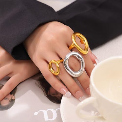 Kokoma Hollow Oval Shaped Chunky Statement Ring for Women Stainless Steel Irregular Thick Chunky Finger Band Stackable Rings Geometric Ring Minimalist Jewelry - color: Gold