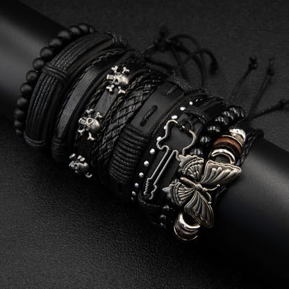 10pcs/set Black Punk Style PU Leather Bracelet Set - Adjustable Cuff Wraps for Men & Women, Perfect for Casual Attire & Gifting