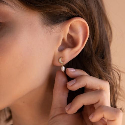Pearl Earrings for Women 14K Gold Freshwater Pearl Hoop Earring Dangle Drop Wedding Earrings Bridal Bridesmaid Jewelry Gifts for Women - color: Silver Moon & Star Pearl Earrings