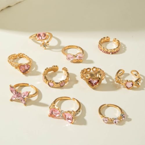 Gold Rings for Women Non Tarnish Stackable Rhinestone Moon Star Rings Dainty Stacking Pearl Butterfly Midi Pinky Thumb Joint Finger Knuckle Ring Set Gold Non Tarnish Jewelry Gifts Trendy Stuff - color: O Gold Bow Rings 10Pcs