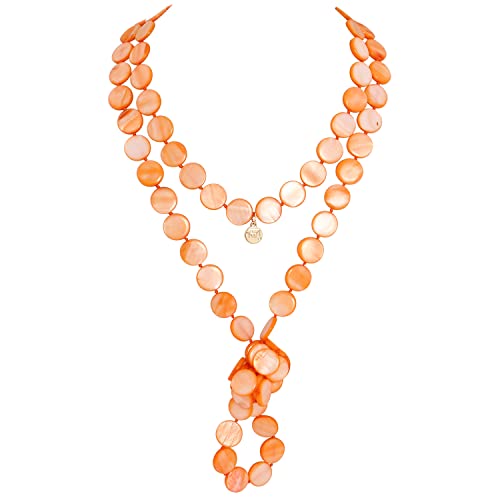 Firstmeet Flat Round Coin Shell Beads Long Knotted Necklace Natural Mother of Pearl Handmade Jewelry For Women - color: Orange