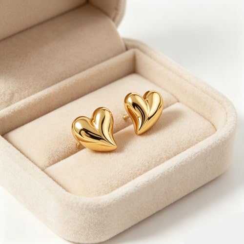 Gold Statement Earrings For Women, 14K Gold Plated Textured Geometric Drop Earrings - Hypoallergenic Stainless Steel Statement Earrings for Women, Waterproof Fan-Shaped Dangle Earrings for Beach & Daily Wear - color: Heart DKE252103GL