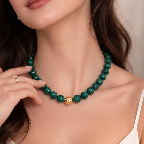 Multicolor Chunky Beaded Necklace, Statement Colorful Round Ball Beads Choker Necklace with Gold-Tone Adjustable Chain, Fashion Bold Neck Jewelry for Women - color: 16mm-Dark Green