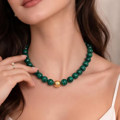 Multicolor Chunky Beaded Necklace, Statement Colorful Round Ball Beads Choker Necklace with Gold-Tone Adjustable Chain, Fashion Bold Neck Jewelry for Women - color: 16mm-Dark Green