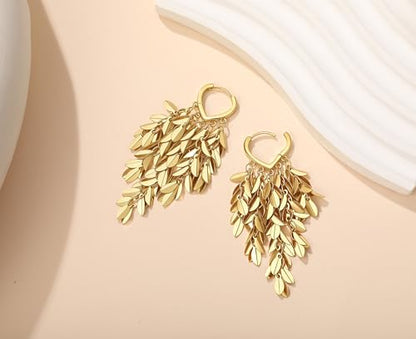 Sylph 14K 18K Gold Plated Chandelier Earrings for Women, Long Tassel Earring Huggie, Silver Leaf Dangle Drop Earrings, Dainty Bohemian Jewelry Gifts for Wedding Everyday Wear - color: A-14K Gold Plated Chandelier Earrings