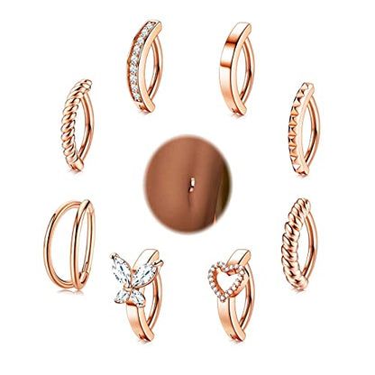ORAZIO 8Pcs Belly Button Ring Surgical Steel 14G Clicker Belly Rings for Women CZ Heart Butterfly Belly Button Piercing Simple Reverse Navel Barbell Rings Body Piercing Jewelry - color: Rose Gold Plated-12mm