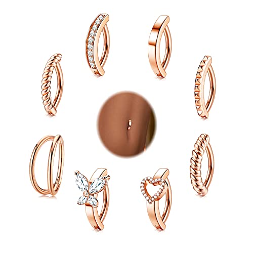 ORAZIO 8Pcs Belly Button Ring Surgical Steel 14G Clicker Belly Rings for Women CZ Heart Butterfly Belly Button Piercing Simple Reverse Navel Barbell Rings Body Piercing Jewelry - color: Rose Gold Plated-12mm