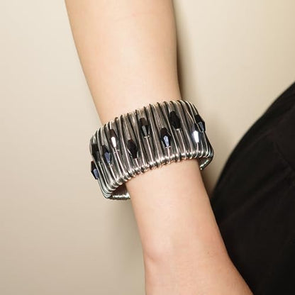 Chunky Gold Cuff Bracelets for Women Stack Silver Bracelet Vintage Bohemian Indian Bangles for Women Adjustable Open Wide Gold Bangle Bracelet Trendy Statement Jewelry - style: GOLD FINISH SPIRALS THREE BLUE GLASSSTONE