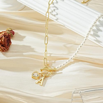 Initial Pearl Necklace for Women, 14K Gold Plated Paperclip Chain | Toggle Clasp, Heart CZ Initial Necklace,Gold Necklace for Women,Bridesmaid Wedding Gifts Jewelry - color: Gold-H