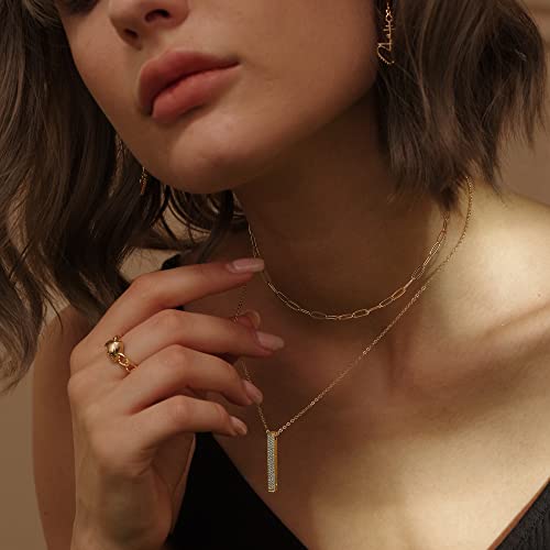 MEVECCO Dainty Pendant Layered Necklaces for Women | 18K Gold Plated Brass, 2-Piece Set With A Choker-Length Upper Layer, Wear Together Or Separately, Refined Everyday Style - style: Layer Vertical Bar