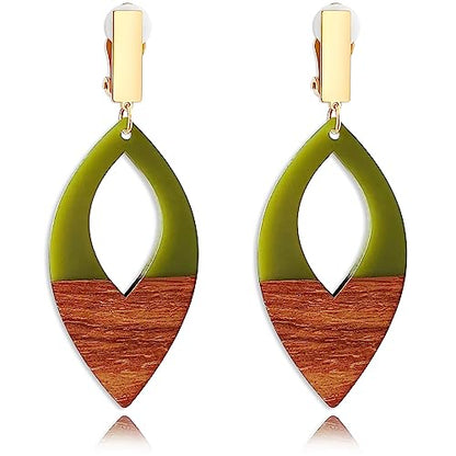 Wooden Geometric Clip On Earrings Women Gold Black Wood Non Pierced Ears Dangle Drop Earrings Triangle Leaf Comfortable Clip Earrings Jewelry - color: Leaf_Green+Gold