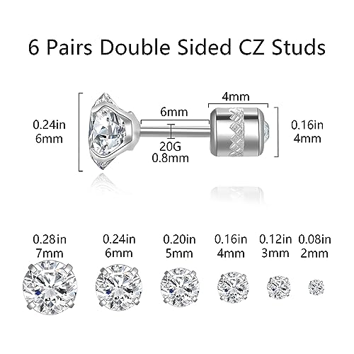 Titanium Surgical Steel CZ Screw Back Stud Earrings Set Hypoallergenic | Cubic Zirconia, Stainless Steel, Mens, Small, Dainty, Silver, Hypoallergenic for Sensitive Ears, Lobe, Cartilage, Helix - color: Round Clear - 2/3/4/5/6/7mm