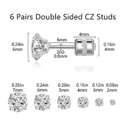Titanium Surgical Steel CZ Screw Back Stud Earrings Set Hypoallergenic | Cubic Zirconia, Stainless Steel, Mens, Small, Dainty, Silver, Hypoallergenic for Sensitive Ears, Lobe, Cartilage, Helix - color: Round Clear - 2/3/4/5/6/7mm