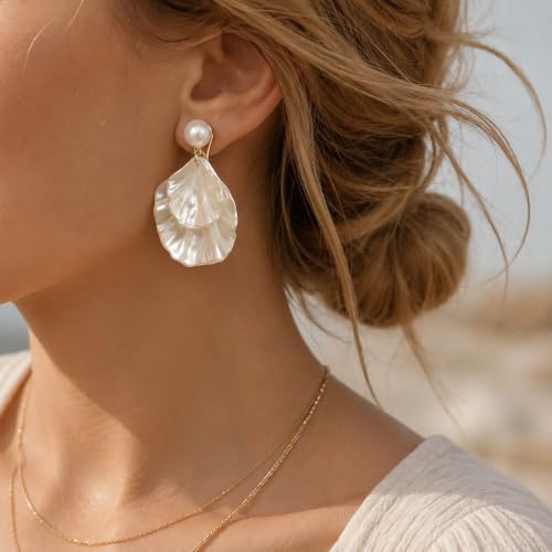 Pearl Shell Earrings for Women Clip on Pearl Earrings Summer Beach Jewelry Tropical Vacation Outfits Accessories - color: A1: white shell clip on earrings