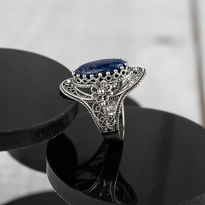 Filigranist 925 Sterling Silver Handcrafted Filigree Art Flower Pattern Woman Oval Statement Ring, Gift Boxed - color: Lapis Lazuli