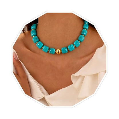 VIBILIA Boho Beaded Chunky Statement Necklace for Women Y2K Summer Jewelry | Boho Handmade Large Resin Bead Strand, Trendy Statement Summer Vacation Holiday Jewelry - color: Square-Turquoise