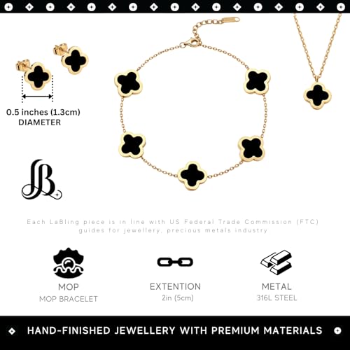 Clover Necklace Pendant Earring Bracelet Set | Designer Necklace Earring Bracelet Jewelry Set | Lovely Gift - color: Black