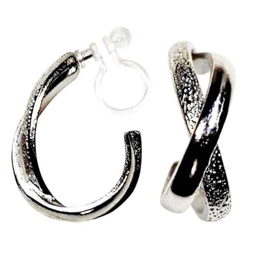 Hoop Invisible Clip On Earrings for Women Not Pierced Gold Small Twisted Hoop Comfortable Silver Large Clip On Earrings - color: Textured Cross Hoop Silver