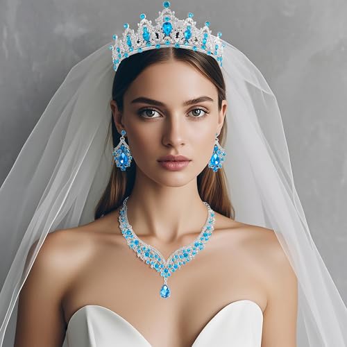 Crowns and Tiaras jewelry sets for Wedding princess birthday party Halloween Prom Pageant Jewelry for Women Crystal Bridal Jewelry Set for women - color: Silver lack bule