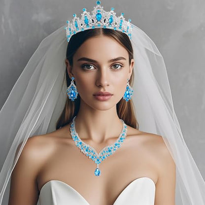 Crowns and Tiaras jewelry sets for Wedding princess birthday party Halloween Prom Pageant Jewelry for Women Crystal Bridal Jewelry Set for women - color: Silver lack bule