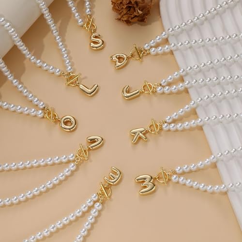 Pearl Necklaces for Women Bubble A-Z Initial Necklace Gold Dainty Pearl Choker Necklace Anniversary Birthday Graduation Gifts for Her Teen Stocking Stufffers Christmas Jewelry - color: O