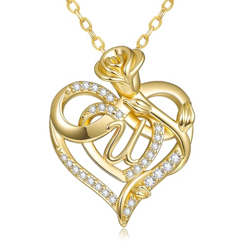 14k Gold Heart Initial Necklaces for Women, Dainty Letter Pendant Chain Necklace, Letter A to Z Initial Jewelry, Anniversary Birthday Gifts for Her Wife Mom Daughter - style: Letter U
