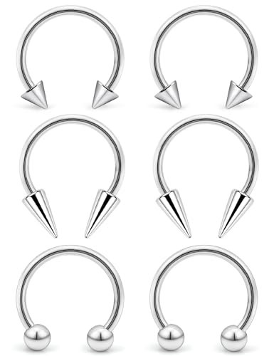 6Pcs Septum Rings 16G Surgical Steel Snake Bite Jewelry Long Spike Horseshoe Lip Rings Smiley Piercing Jewelry for Women Men 8mm 10mm - color: 16g,Diameter:8mm,silvertone