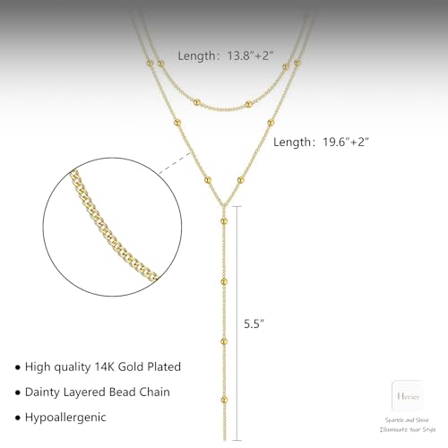 HERIER Lariat Gold Necklace for Women, Dainty Long Necklace 14k Gold Plated/Silver Y-Shaped Layered Beaded Chain Drop Necklaces for Women Trendy Simple Gold Jewelry for Women Gifts - color: Y Layered Bead Necklace-Gold