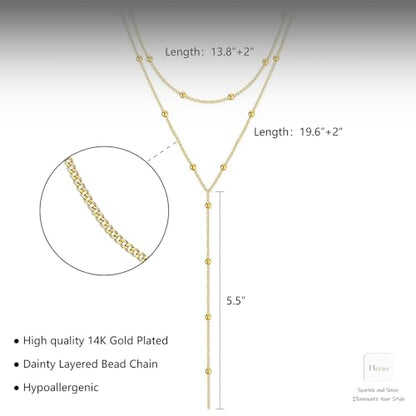 HERIER Lariat Gold Necklace for Women, Dainty Long Necklace 14k Gold Plated/Silver Y-Shaped Layered Beaded Chain Drop Necklaces for Women Trendy Simple Gold Jewelry for Women Gifts - color: Y Layered Bead Necklace-Gold
