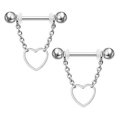 14G 2Pcs Heart Nipple Rings with Chain 316L Stainless Steel Nipple Barbells Nipple Piercing Jewelry for Women Men