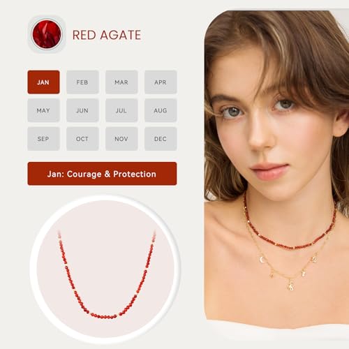 ARSIS Genuine Beaded Gemstone Necklace for Women, Colorful Natural Stone Handmade Bead Choker, Personalized Birthstone Necklace, Boho Summer Beach Necklace Layering Stackable Jewelry Gift - color: Red Agate (January)
