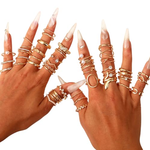 CHICUTIE Gold Knuckle Rings Set For Women Stackable Joint Finger Midi Rings Dainty Cubic Crystal Zirconia Simple Hollow Twist Cute Rings Pack Jewelry Gift - style: 47pcs Gold