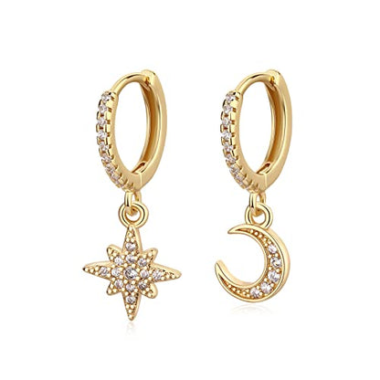 DAILY VIBES Cute Gold Mini Dangle Huggie Hoop Earrings for Women Trendy | 14K Gold Plated, Dainty Cubic Zirconia, Small Hoop Earrings with Charm Drop, Jewelry Gift for Women Ladies - color: Moon and Star CZ
