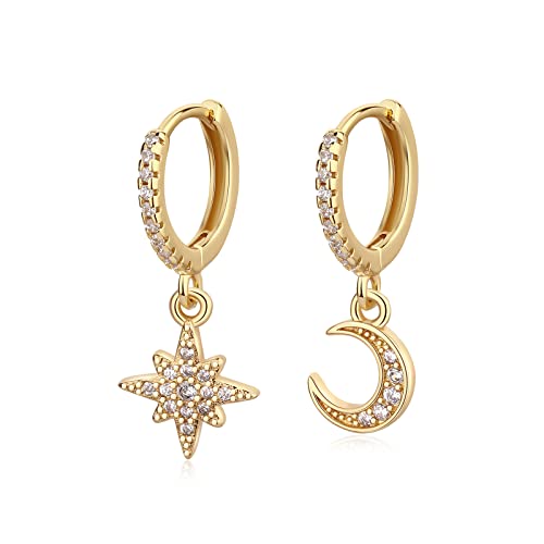 DAILY VIBES Cute Gold Mini Dangle Huggie Hoop Earrings for Women Trendy | 14K Gold Plated, Dainty Cubic Zirconia, Small Hoop Earrings with Charm Drop, Jewelry Gift for Women Ladies - color: Moon and Star CZ