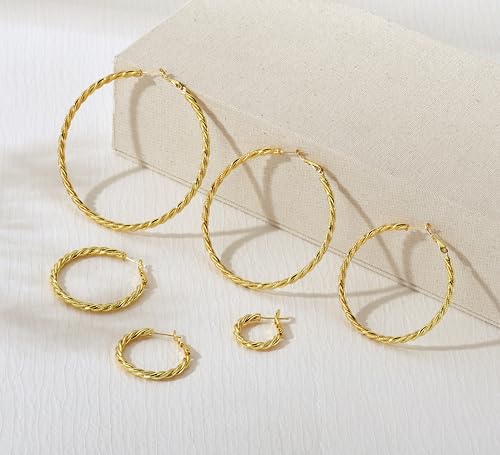 AllenCOCO Gold Hoop Earrings for Women, 18K Gold Plated Twisted Rope Design, Textured Thin Round Hoops with Sterling Silver Post Hypoallergenic 20-70mm - size: 70mm