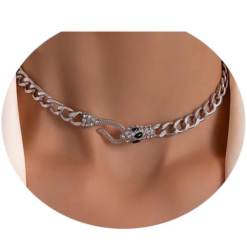 Snake Choker Necklace for Women Gold Crystal Serpent Pendant with Cuban Chain Fashion Accessories Jewelry Gifts - color: Silver