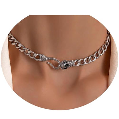 Snake Choker Necklace for Women Gold Crystal Serpent Pendant with Cuban Chain Fashion Accessories Jewelry Gifts - color: Silver