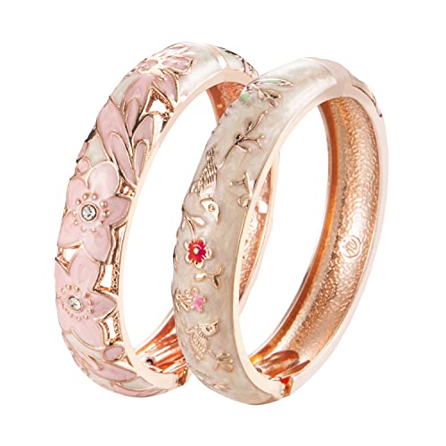 UJOY Cloisonne Indian Bangle Colored Crystal Plated Hinge Cuff Bracelet Hollowed Bird Enamel Jewelry Gift 55C49 - color: A11-2 Pcs/set-Cream White