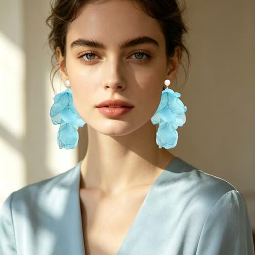 Handmade Bohemian Lightweight Fabric Flower Dangle Drop Earrings Chic Pearl Large Tassel Petal Stud Earrings For Women - color: Mint Blue