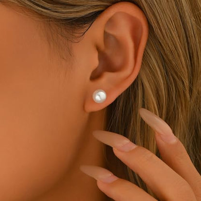 Pearl Stud Earrings for Women Gold/Silver Plated 3mm 4mm 5mm 6mm 8mm Pearl Earrings Dainty Hypoallergenic Earrings - color: White Gold, size: 8 Millimeters