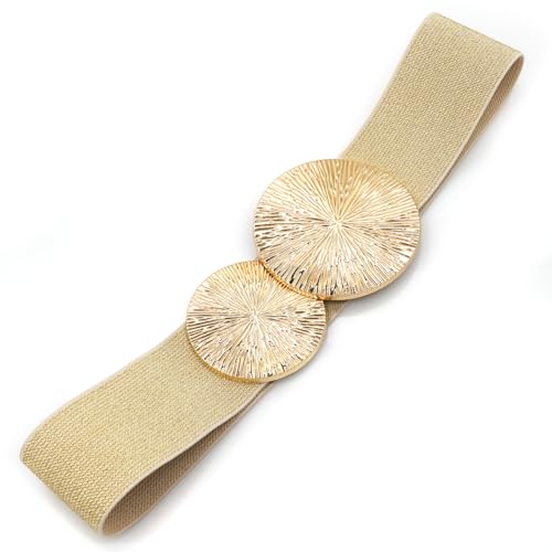 Women Wide Stretchy Waist Belts Elastic Cinch Belt for Dresses - color: Bling Beige Band Gold Buckle, size: Fit Waist 28"-30"