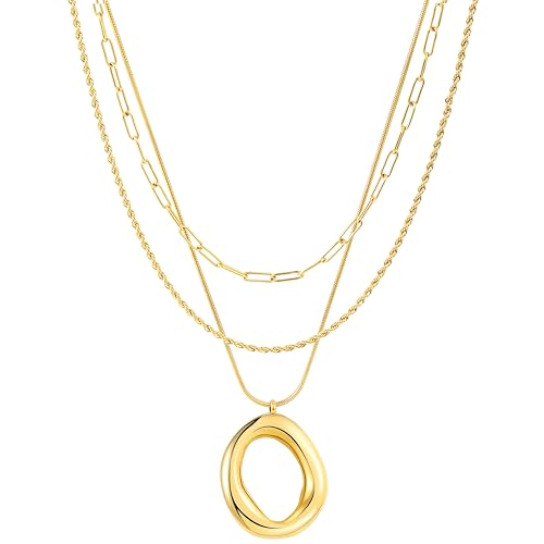 Layered Gold Necklaces for Women,18K Real Gold Plated Trendy Circle Pendant Necklace, Stackable Necklace Stainless Steel Jewelry Gifts for Birthday Valentine's, Mother's Day & Christmas - style: Gold-C