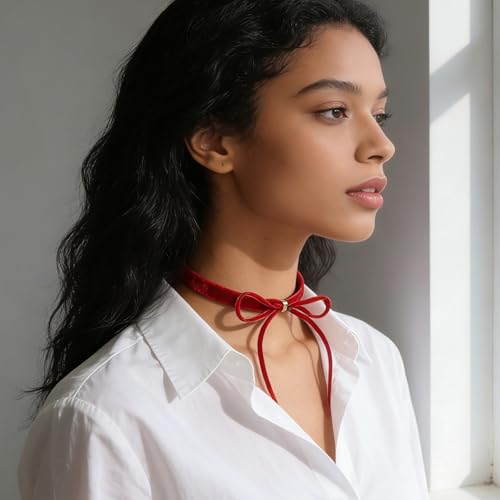 Trinkrittey Gothic Bow Knot Velvet Choker Red Velvet Choker Vintage Necklace Ribbon Collar Necklace for Women Party Jewelry Accessories
