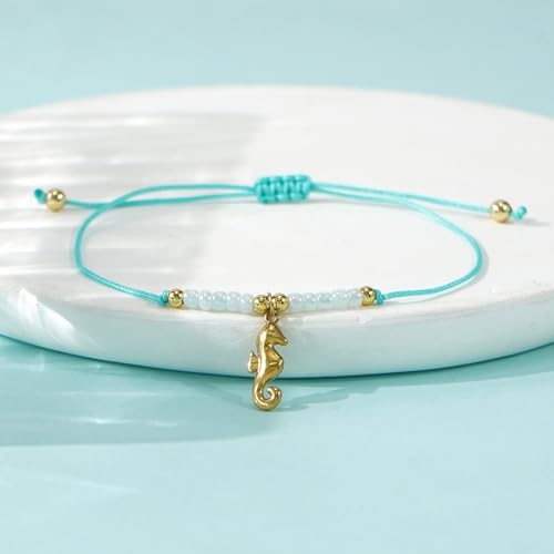 Boho Glass Seed Beaded Bracelets For Women, Handmade Romantic Gold Plated charm String Braided Rope Adjustable Jewelry, Summer Beach Daily Party Friendship Gift - color: Blue Seahorse