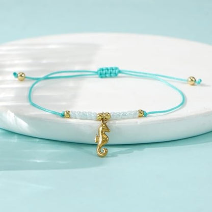 Boho Glass Seed Beaded Bracelets For Women, Handmade Romantic Gold Plated charm String Braided Rope Adjustable Jewelry, Summer Beach Daily Party Friendship Gift - color: Blue Seahorse