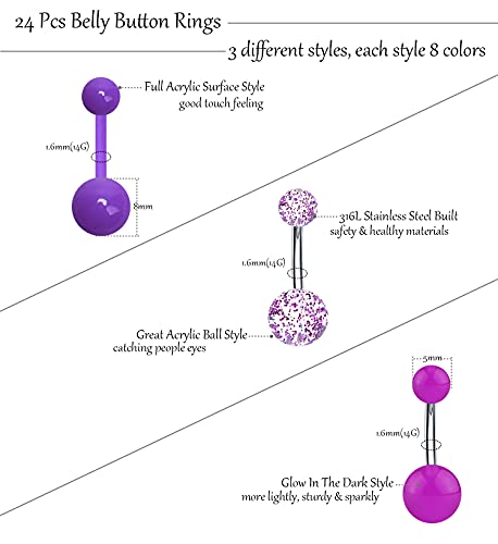 24-50Pcs 14G Stainless Steel Belly Button Rings for Women CZ Screw Navel Bars Body Piercing Jewelry - color: C: 24pcs style 3