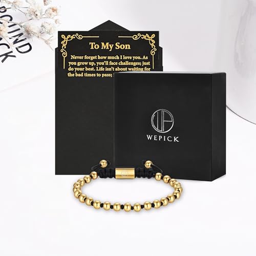 18K Gold-Plated Bracelets for Men Franco Link Chain Adjustable | Stainless Steel Bracelet, Gold Beads Bracelet, Handcrafted Braided, Mens Jewelry Birthday Gift for Men - color: Black with Gold Card Son