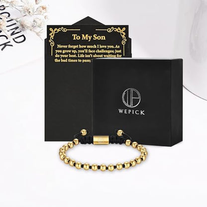18K Gold-Plated Bracelets for Men Franco Link Chain Adjustable | Stainless Steel Bracelet, Gold Beads Bracelet, Handcrafted Braided, Mens Jewelry Birthday Gift for Men - color: Black with Gold Card Son